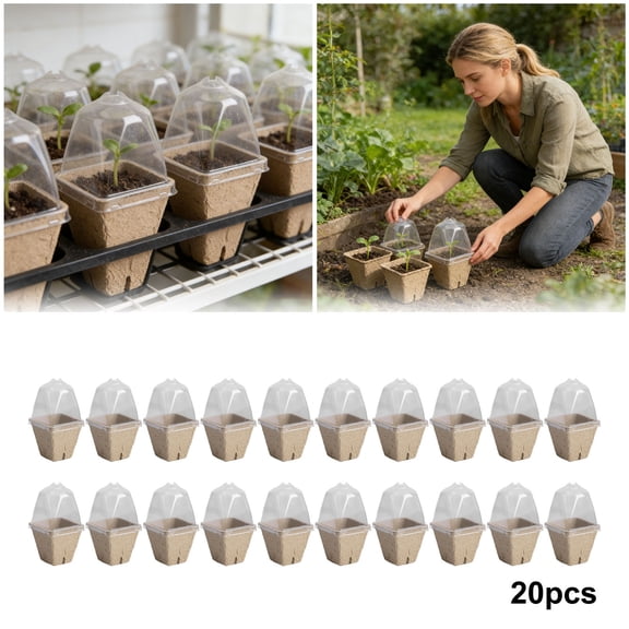 20Pcs 6cm Biodegradable Seedling Pots with Humidity Domes, Nursery Germination Trays with Air Pruning Holes for Vegetable & Flower Seedlings