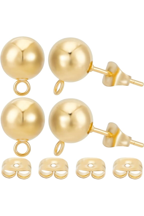 20Pcs 8mm Round Post Stud Earring Findings 24K Gold Plated Stainless Steel Ball Post Ear Studs with Loop Earrings Component