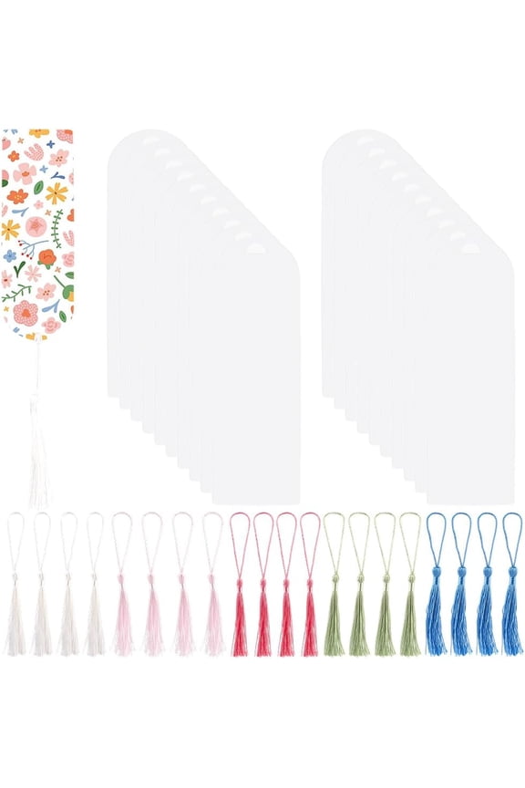 20Pcs Acrylic Bookmark Kit Clear Book Markers Bulk Transparent Rectangle Semicircle Blanks Pendant Decoration Book Mark with 20Pcs 5 Colors Tassels