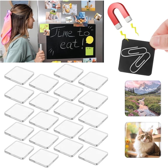 20Pcs Acrylic DIY Fridge Magnets Set with Adhesive Backing, 2"x2"x0.16" Clear Magnet Photo Frames Holder with Adhesive Backing, Square Magnetic Photo Frames for Refrigerator, Mini Clear Picture Frame