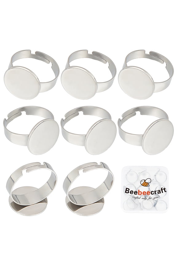 20Pcs Adjustable 304 Stainless Steel Finger Rings Components Plain Pad Ring Settings Flat Round Stainless Steel Color US Size 7 1/4(17.5mm)