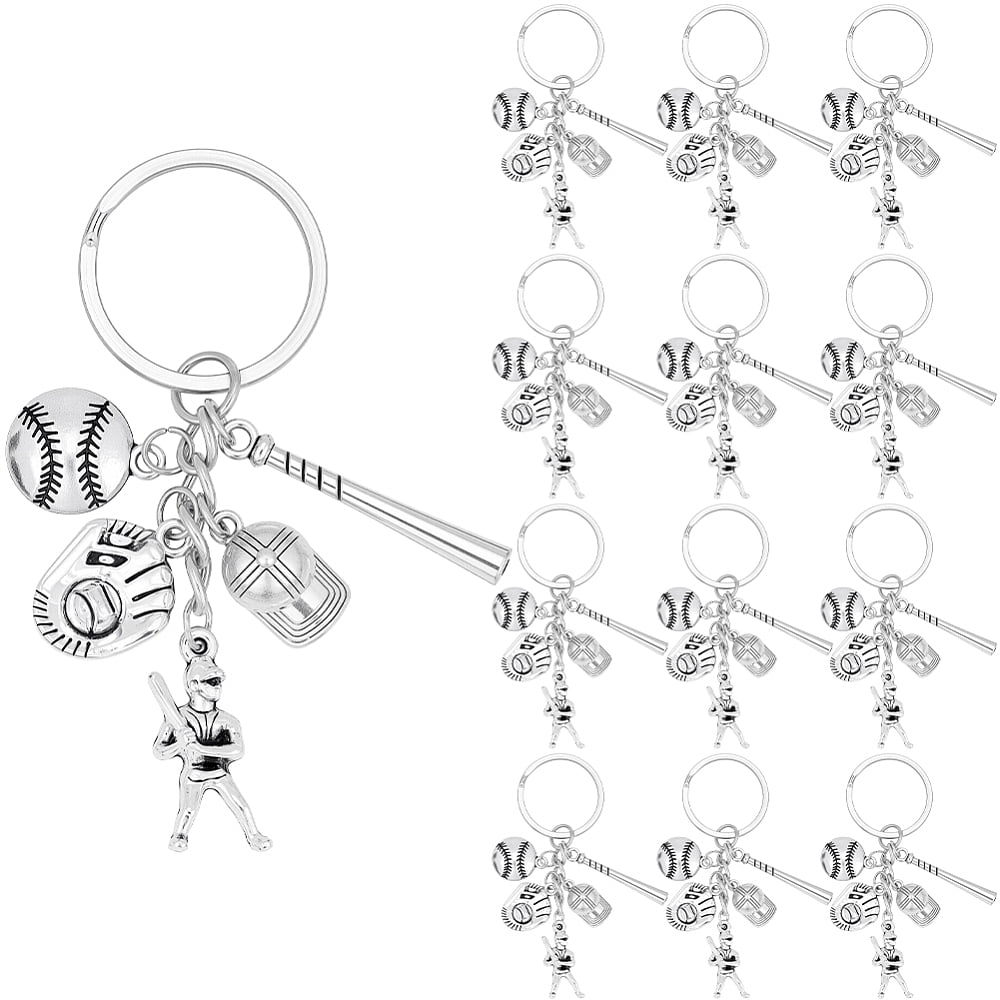 20Pcs Alloy Baseball Player & Baseball Bat & Hat Keychains with Iron Split Key Rings Silver 80mm