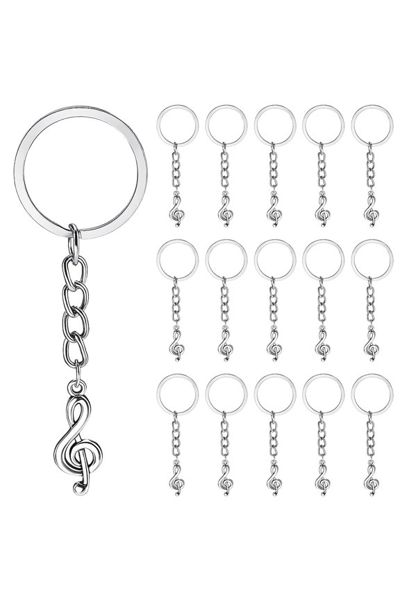 20Pcs Alloy Charm Keychains Musical Note with Iron Split Key Rings Silver 78mm