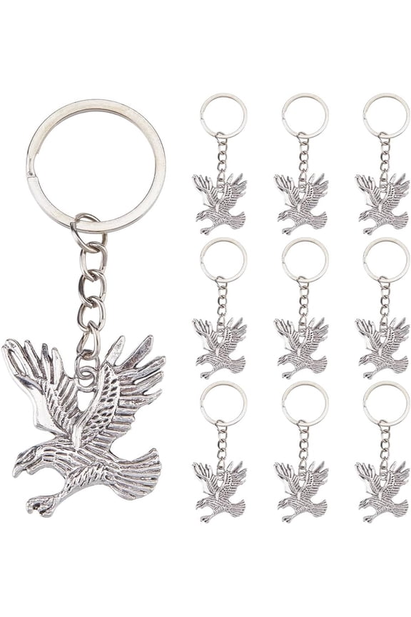 20Pcs Alloy Eagle Keychains with Iron Rings Silver Platinum 85mm