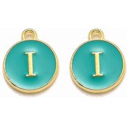 20Pcs Alloy Enamel Alphabet Charms Flat Round with Alphabet Pendant Ornament Green Letter.I Pendant Accessory for Necklace Bracelet Jewelry Making 14x12x2mm Hole 1.5mm Green