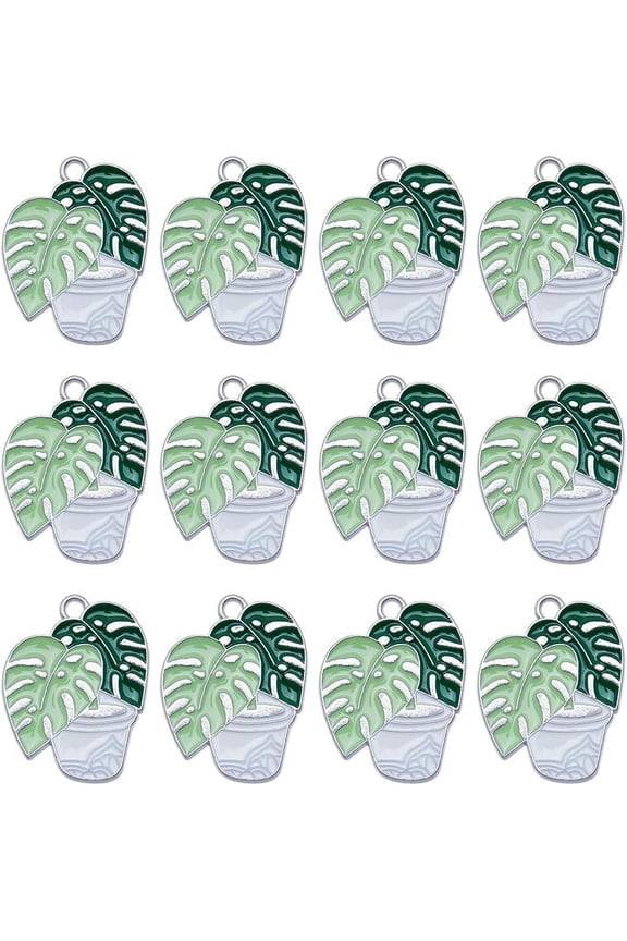 20Pcs Alloy Enamel Pendants Platinum Leaf Potted Charm Light Green 25.5x19.5x1.5mm Hole: 2mm 20pcs/box diy