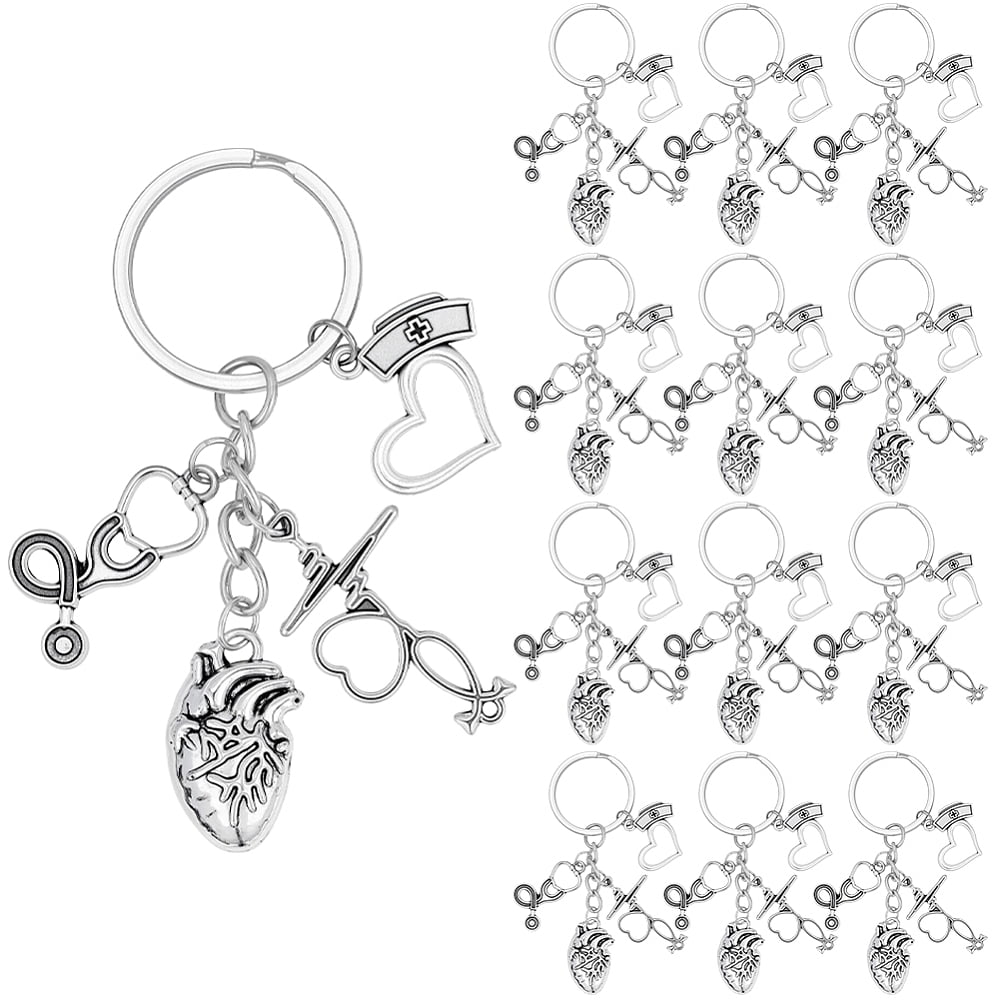 20Pcs Alloy Medical Theme Keychains with Iron Split Key Rings Stethoscope & Heartbeat & Heart & Nurse Cap Silver 79mm