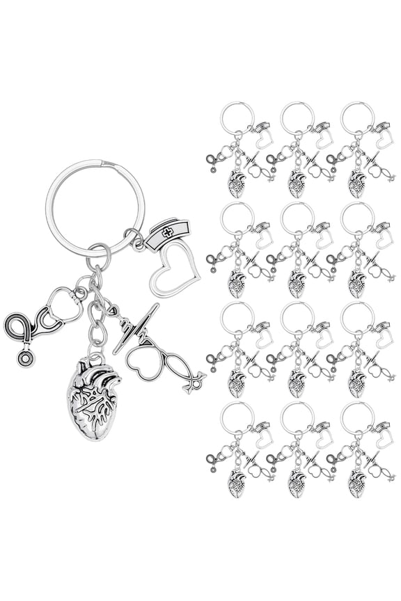 20Pcs Alloy Medical Theme Keychains with Iron Split Key Rings Stethoscope & Heartbeat & Heart & Nurse Cap Silver 79mm