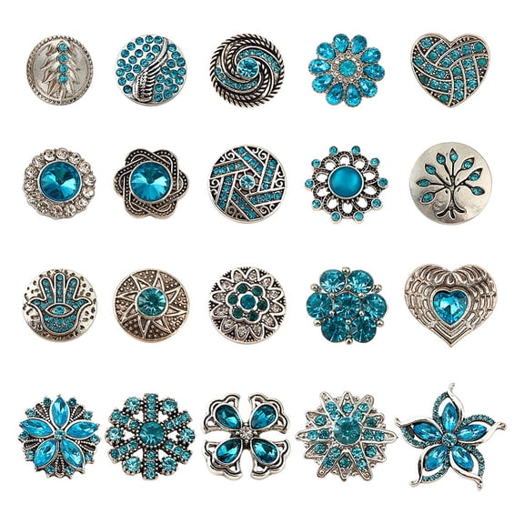 20Pcs Alloy Rhinestone Snap Button Jewelry Buttons Mixed Shapes Aquamarine 18~28x18~29x8~11mm diy