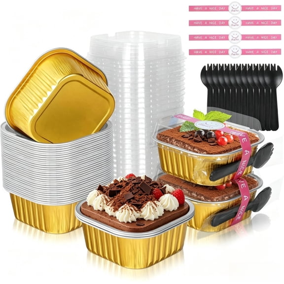 20Pcs Aluminum Foil Brownie Pans Set, 10oz Mini Cake Pans with Lids, Disposable Ramekins Muffin Tins, Square Baking Pans Cupcake Cups, Individual Dessert Containers Flans for Brownie - Gold