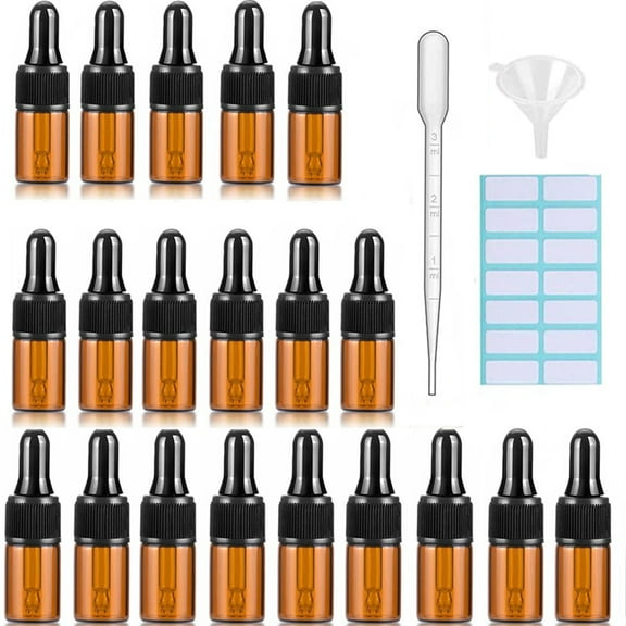 20Pcs Amber Glass Dropper Bottles With Black Caps, Measured Pipette, Funnel and Labels2ML Glass Eye Dropper Bottles for Essential Oil Pipette Refillable