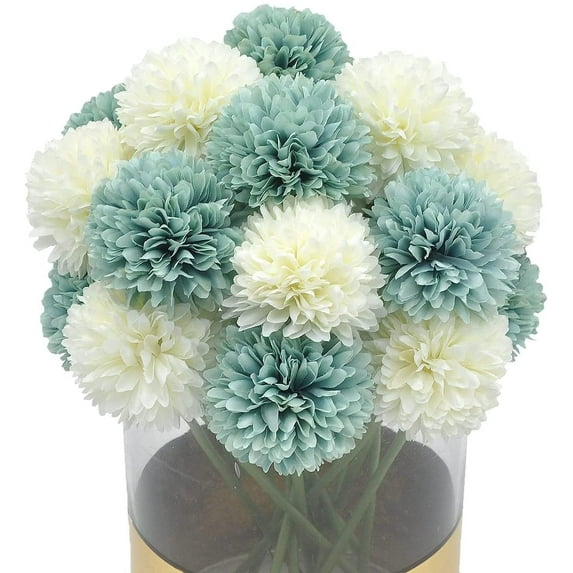 20Pcs Artificial Fake Flower Plants Silk Chrysanthemum Ball Hydrangea Arrangements Wedding Bouquets Decor Home Kitchen Garden Party Table Floral centerpieces DIY (White&Blue,20Pcs)