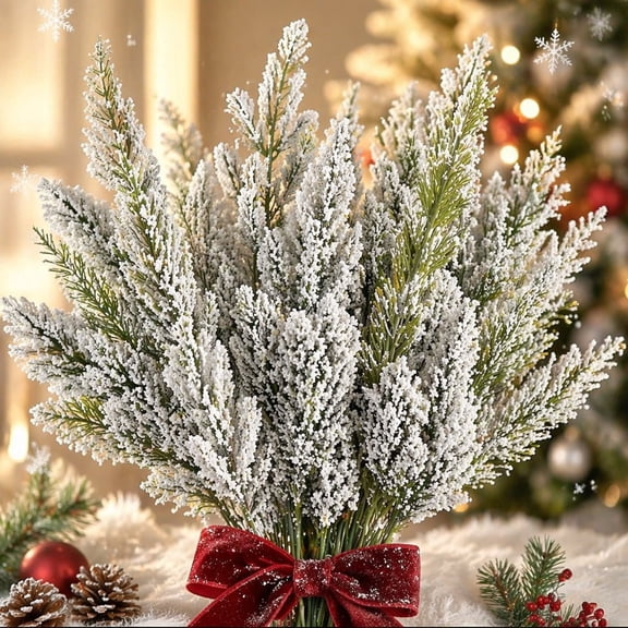 20Pcs Artificial Pine Branches, 12" Faux Pine Stems Cedar Leaves Needle Sprigs Plastic Fake Christmas Greenery Pine Picks for Xmas Tree Wreaths Garlands DIY Accessories Home Decor (Snow, 4 Styles)