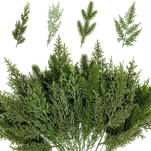 20Pcs Artificial Pine Branches, 12" Faux Pine Stems Cedar Leaves Needle Sprigs Plastic Fake Christmas Greenery Pine Picks for Xmas Tree Wreaths Garlands DIY Accessories Home Decor (Snow, 4 Styles)