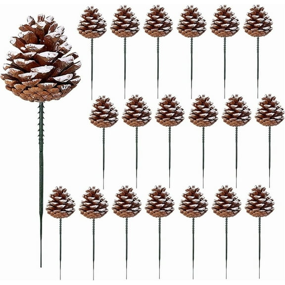 20Pcs Artificial Pinecones Snow Tipped Sticks,Natural Simulated Pine Cones with Green Wired Pick,Christmas Pine Cones Sticks Branches,Wreath Garland Ornaments,for Xmas Tree Vase Home Decor