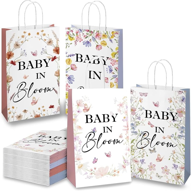 20Pcs Baby In Bloom Baby Shower Decorations，Bloom Baby Gift Bag for Girls，Gender Reveal Gift Bag，Boho Sweet Baby 1st Birthday Party Supplies, Floral Paper Gifts Bag with Handle 8.6*5*3.7inch