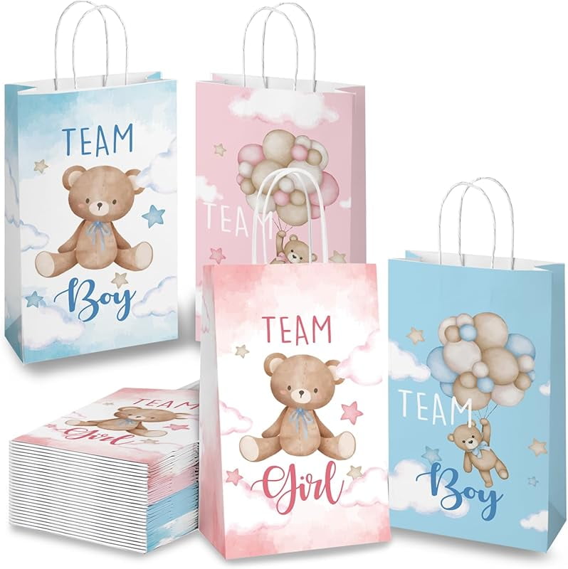 20Pcs Baby Shower Birthday Gifts Bag，Gender Reveal Party Supplies，Paper GoodieBags Treat bags for Gender Reveal with Pink Blue Balloons Bear Design with Handles