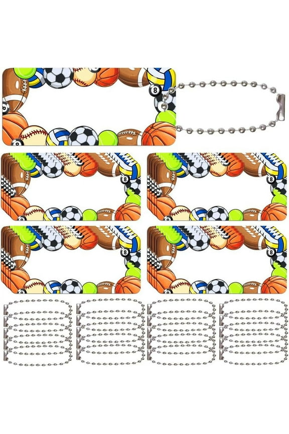 20Pcs Ball Game Sport Writable Name Tag Basketball Rectangle Reusable Backpack Tags for Backpack Lunchbox Soccer Ball Blank ID Bag Tag Labels Ornament with Hole for Baggage Travel Suitcase
