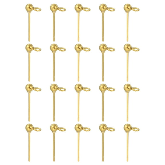 20Pcs Ball Post Stud Earrings, 15x3mm Round Ear Pin with Horizontal Loop, Gold