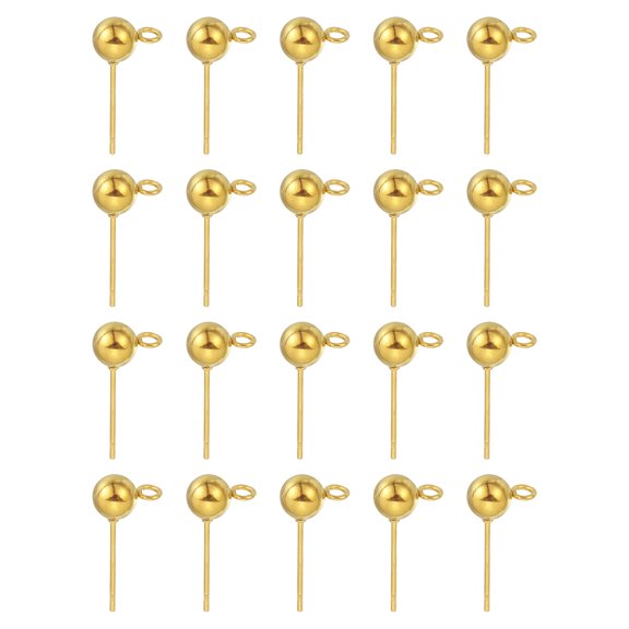 20Pcs Ball Post Stud Earrings, 17x5mm Round Ear Pin with Horizontal Loop, Gold