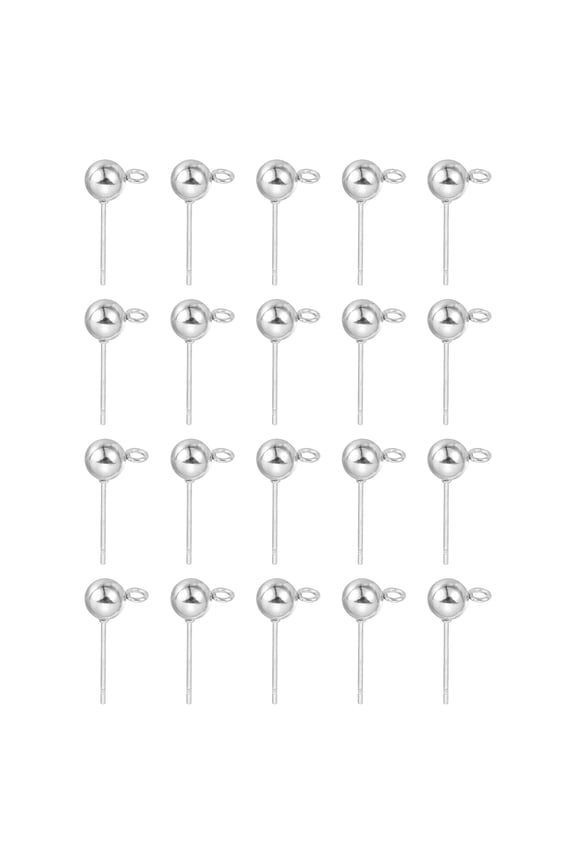 20Pcs Ball Post Stud Earrings, 17x5mm Round Ear Pin with Horizontal Loop, Silver