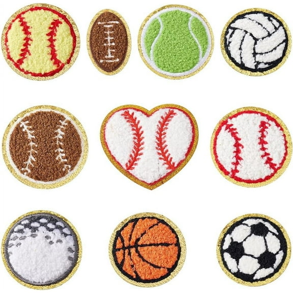 20Pcs Ball Sports Chenille Iron on Patches 10 Styles Sports Theme Patches Football Volleyball Basketball Tennis Rugby Repair Patch Applique DIY