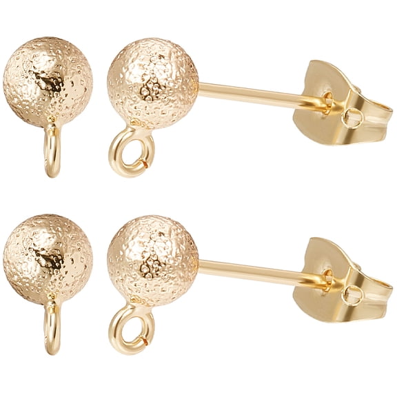 20Pcs Ball Stud Earring Findings 18K Gold Plated Brass Textured Round Ear Pin Post Loop Components with Ear Nuts for Jewellery Making