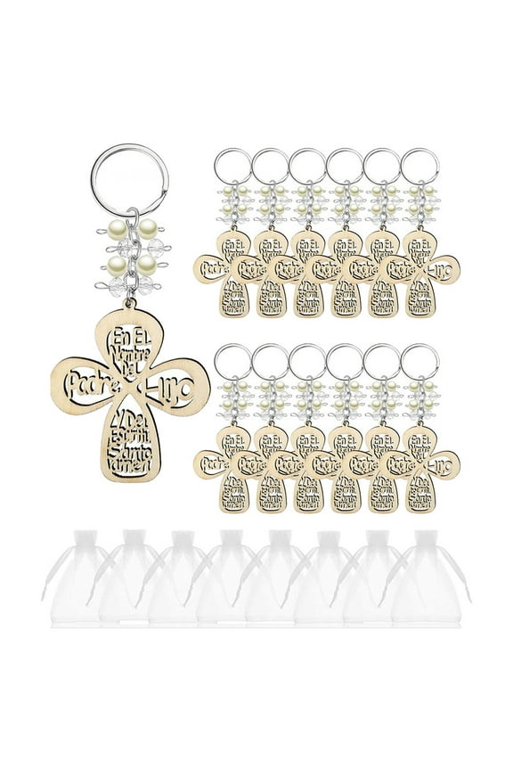 20Pcs Baptism Favor Keychain Wooden Key Ring Wood Design Key Ring with Bag for First Communion