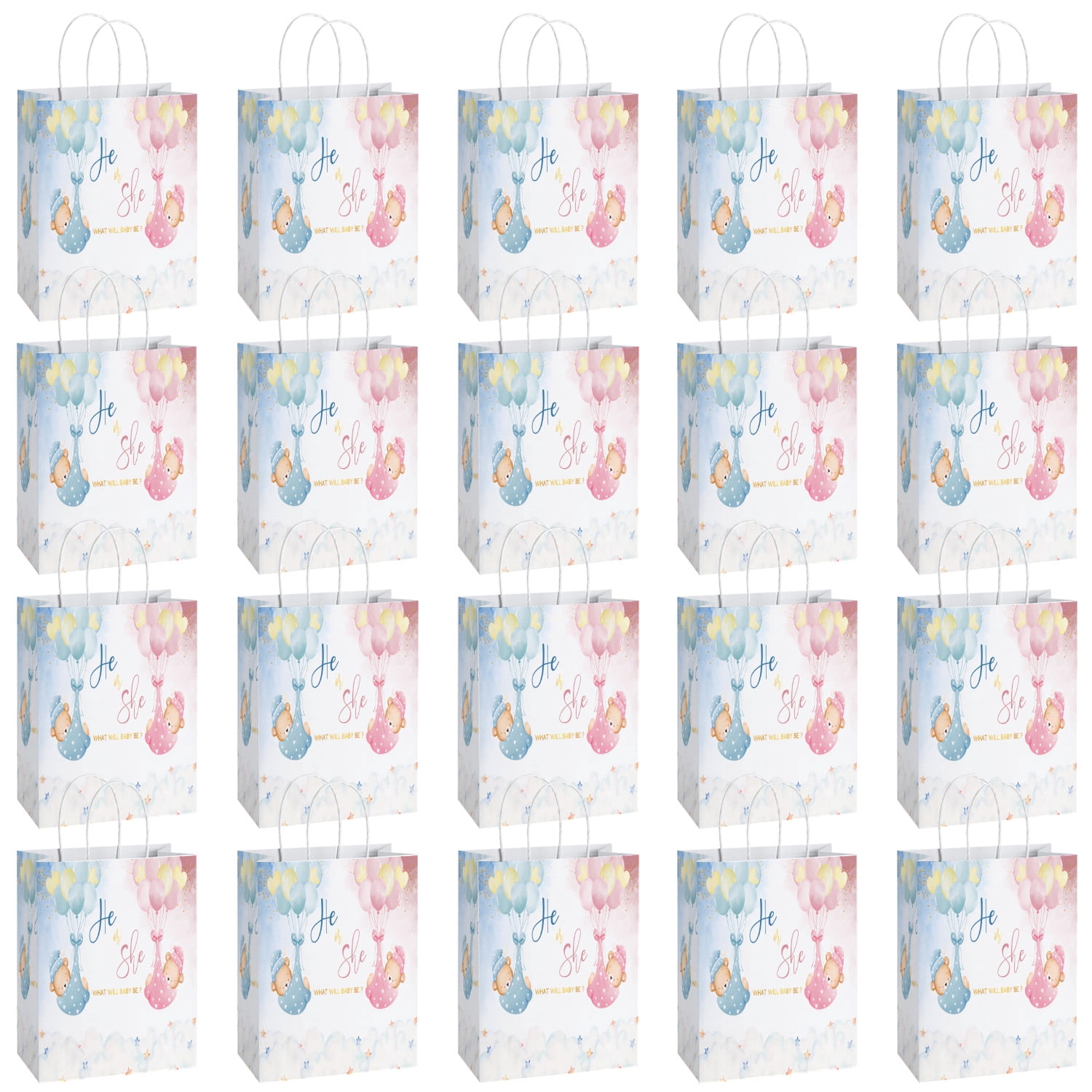 20Pcs Bear Gender Reveal Party Favor Bags, He or She What Will Baby Be Blue Pink Baby Shower Watercolor Boy or Girl Cute Cartoon Ballon Sky Decorations