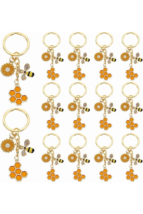 20Pcs Bee Key Chain Bag Charms with Flower Honeybee Cute Enamel Employee Appreciation Keychains Bumble Bee Keyring for Thank You Gifts Teacher Student Worker Staff Backpack Bag Accessories Gold DIY