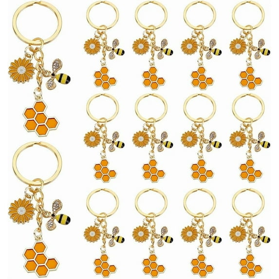 20Pcs Bee Key Chain Bag Charms with Flower Honeybee Cute Enamel Employee Appreciation Keychains Bumble Bee Keyring for Thank You Gifts Teacher Student Worker Staff Backpack Bag Accessories Gold