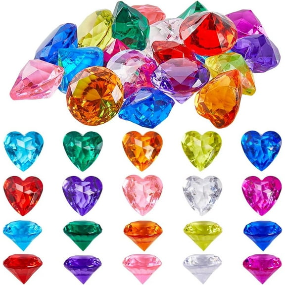 20Pcs Big Colorful Diamonds Treasure Gemstones Plastic Faceted 40mm Large Heart Bling Transparent Beach Multicolor Pirate Jewels Cabochons for Vase Swimming Training Gift Party Favors Decor for DIY