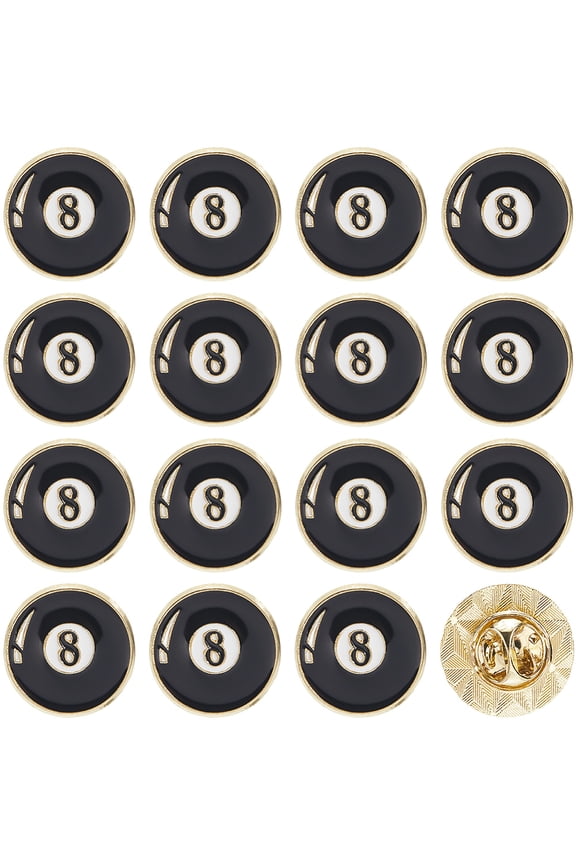 20Pcs Billiard Pins Sport Brooch Pins Enamel Black Metal Eight Ball Logo Round 0.71 Inch Small Alloy Lapel Brooches Accessories DIY