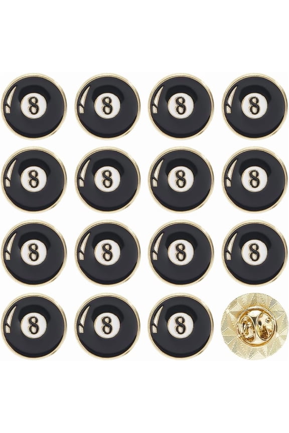 20Pcs Billiard Pins Sport Brooch Pins Enamel Black Metal Eight Ball Logo Round 0.71 Inch Small Alloy Lapel Brooches Accessories