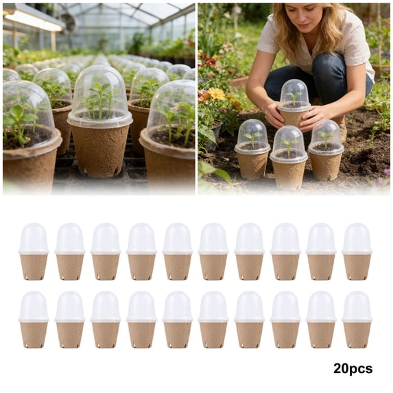 20Pcs Biodegradable Seedling Pots with Humidity Domes, 8cm Nursery Germination Trays with Air Pruning Holes for Vegetable & Flower Seedlings