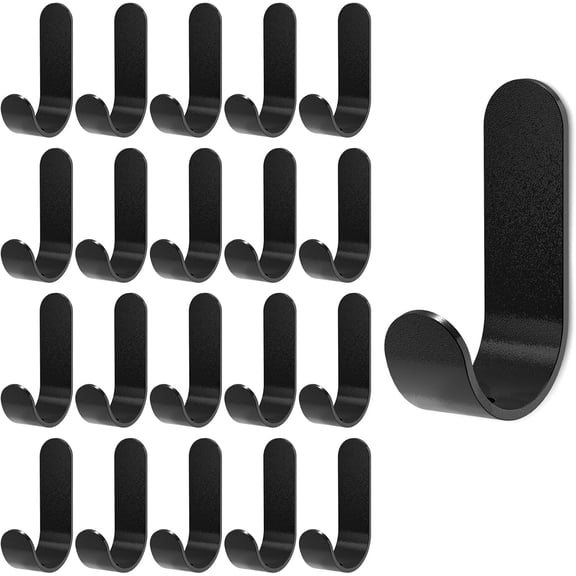 20Pcs Black 3m Adhesive Hooks, Heavy Duty Hook, Black Wall Hanger for Hanging, Large Metal Sticky J Strip Hooks, for Hat, Coat, Picture, Backpack, Garage Hanging