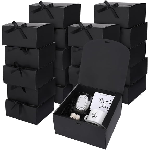 20Pcs Black Gift Boxes with Lids Ribbons 8 x 8 x 4 Inch Bridesmaid Proposal Box with 100pcs Glue Points for Wedding Packaging Present Birthday Craft Snack Holiday Party Favors