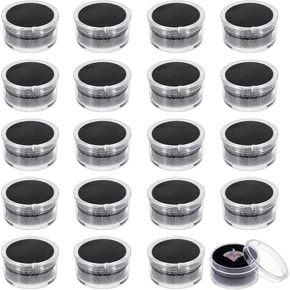 20Pcs Black Mini Round Stone Box Plastic Nail Loose Beads Decorate Storages with Sponge Mat