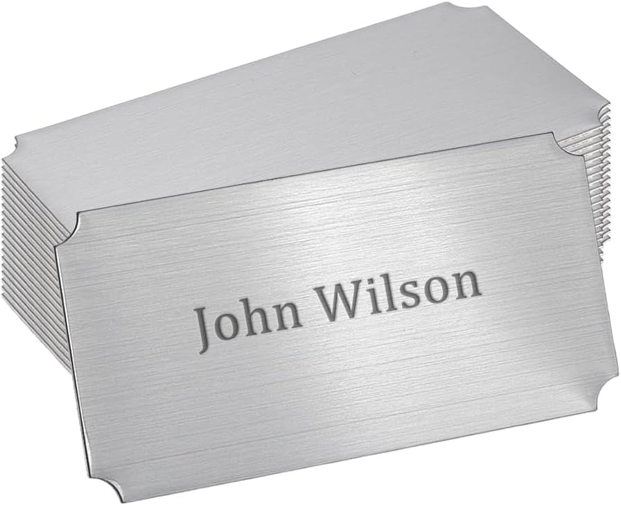 20Pcs Blank Business Cards Black Name Plates Laser Engraved Stainless Steel Rectangle Cards Solid Blank Name Tag Frame Name Label with Adhesive Backing for Office Desk 1.96" X 3.93"