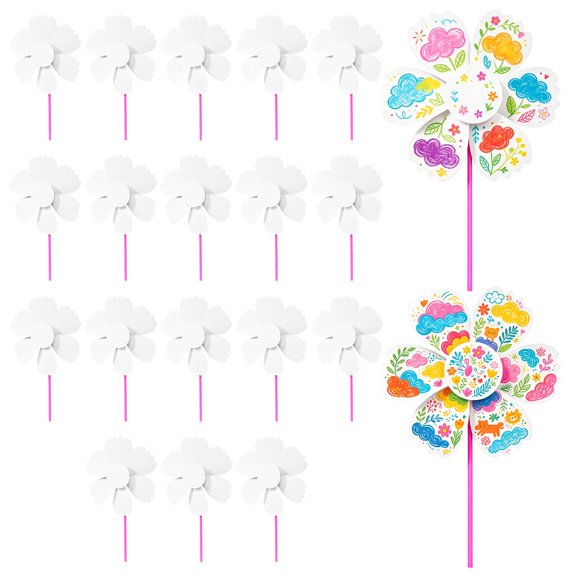 20Pcs Blank DIY Pinwheel Unfinished Paper Craft Pinwheel Kit with Plastic Rod Creative Hand Painted Windmill for Painting and Drawing Home Activity