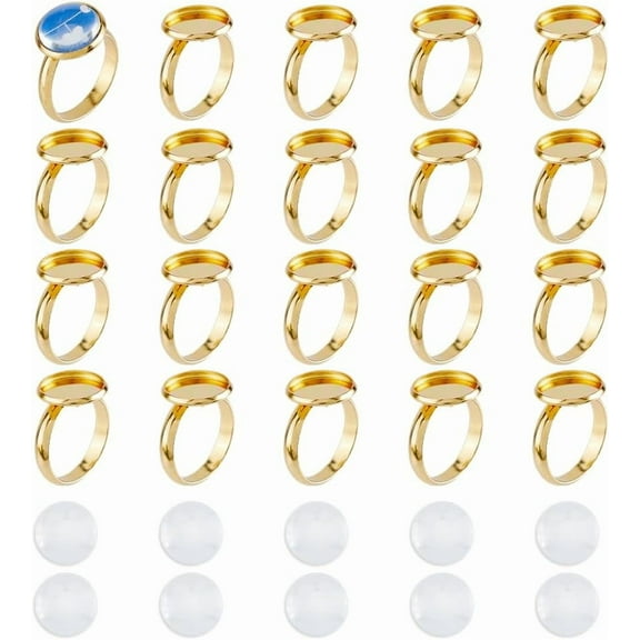 20Pcs Blank Rings Adjustable Ring Base 12mm Round Base Rings 18K Gold Plated Tray Cabochon Base Bezel for Ring Blanks Stainless Steel Pad Ring Base Jewelry Findings for DIY Rings Making