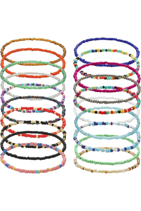 20Pcs Boho Beaded Pearl Bracelets Bohemian Handmade Beaded Anklets Bracelets,Colorful Glass Rice Beads Anklet Elastic Thread Wrap Bracelets String for Girls Ladies Summer Beach