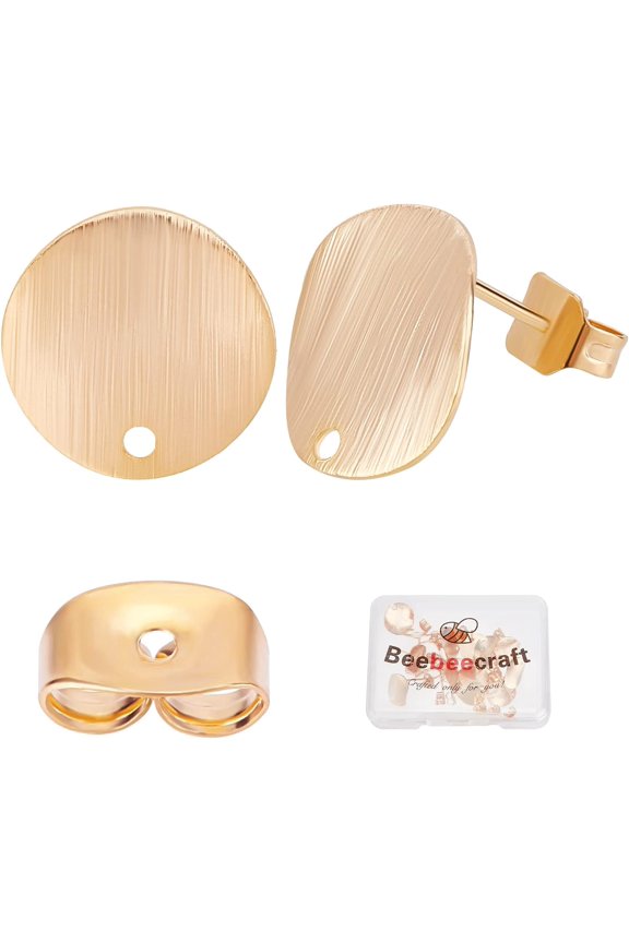20Pcs/Box 18K Gold Plated Earring Findings Flat Round Pad Posts Stud Ear Piercing Plugs with Hole and 20Pcs Butterfly Earring Backs