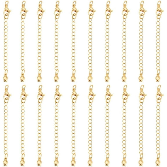 20Pcs Bracelet Chain Extender 14K Gold Plated 70mm Extender Chain End Chains with Lobster Claw Clasps and Flower Chain Tabs for Jewelry Making
