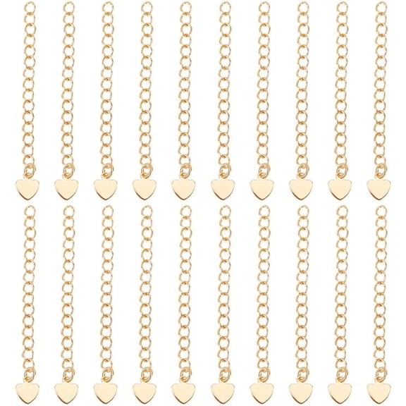 20Pcs Brass Curb Chain Extender End Chains with Heart Chain Tabs Real 18K Gold Plated 53mm