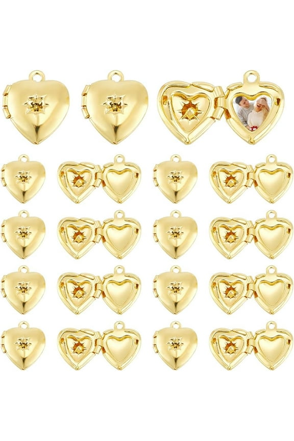 20Pcs Brass Locket Pendants Photo Frame Charms for Necklaces Heart Golden 12x10.5x4mm hole: 1mm