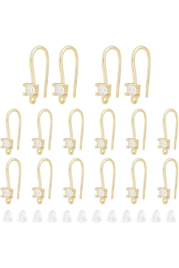 About 20Pcs Brass Micro Pave Clear Cubic Zirconia Earring Hooks Real 18K Gold Plated French Earring Hook with Loop and 40Pcs Plastic Ear Nuts 17mm Long for DIY Jewelry Making Findings Clear
