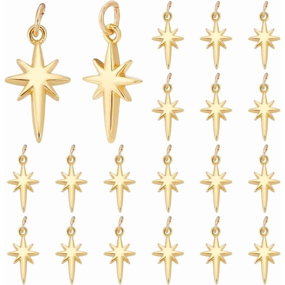 20Pcs Brass Pendants Star Charms with Jump Ring Real 18K Gold Plated 17.5x9.5x2.5mm for Handmade