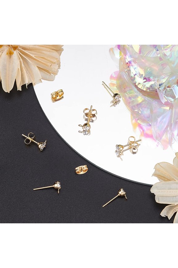 20Pcs Brass Stud Earring Findings with Loop and Ear Nuts Cubic Zirconia Clear Real 18K Gold Plated 6.5x4mm Hole: 1mm Pin: 0.7mm