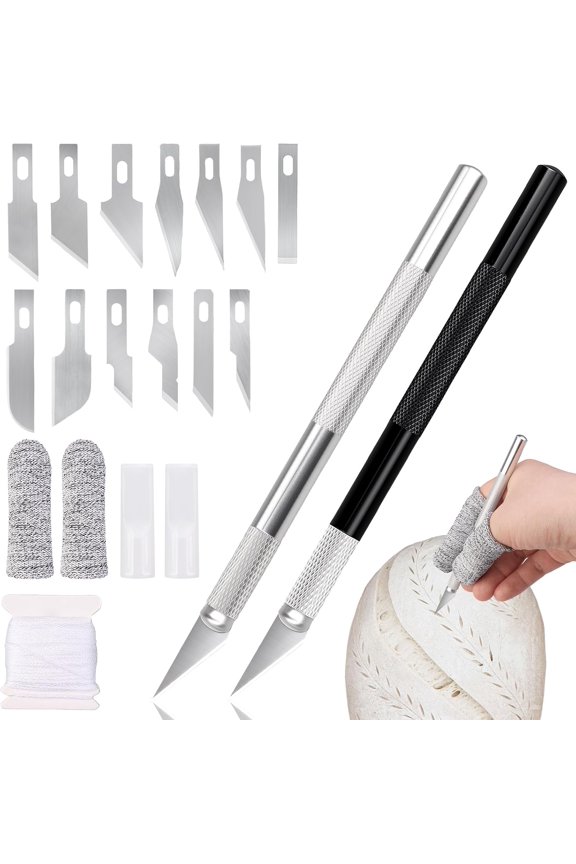 20Pcs Bread Lame Scribing Tool Kit - 2 Precision Scribes with 15 Blades, Finger Guard, Design Cord, Safety Cover and Storage Box - Stainless Steel Scribes for Artisan Bread and Dough Patterns Designs